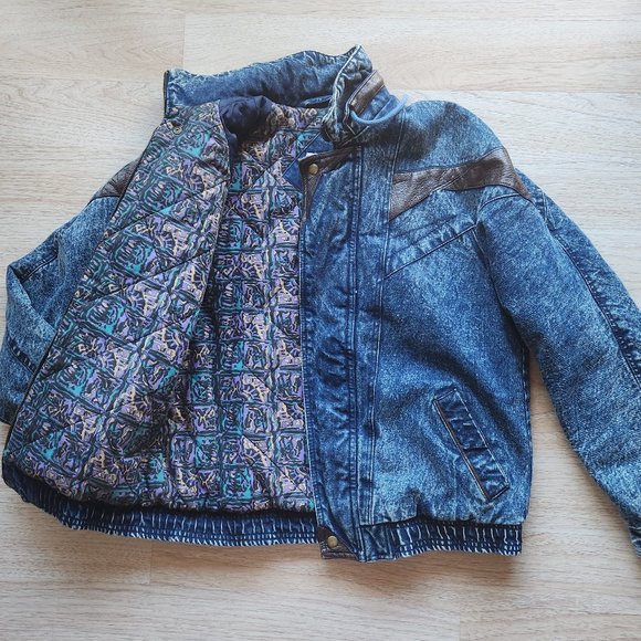 Vintage Eagle's Ridge Acid Denim Faux Leather Trim Bomber Jacket Quilt-Lining - Picture 2 of 12